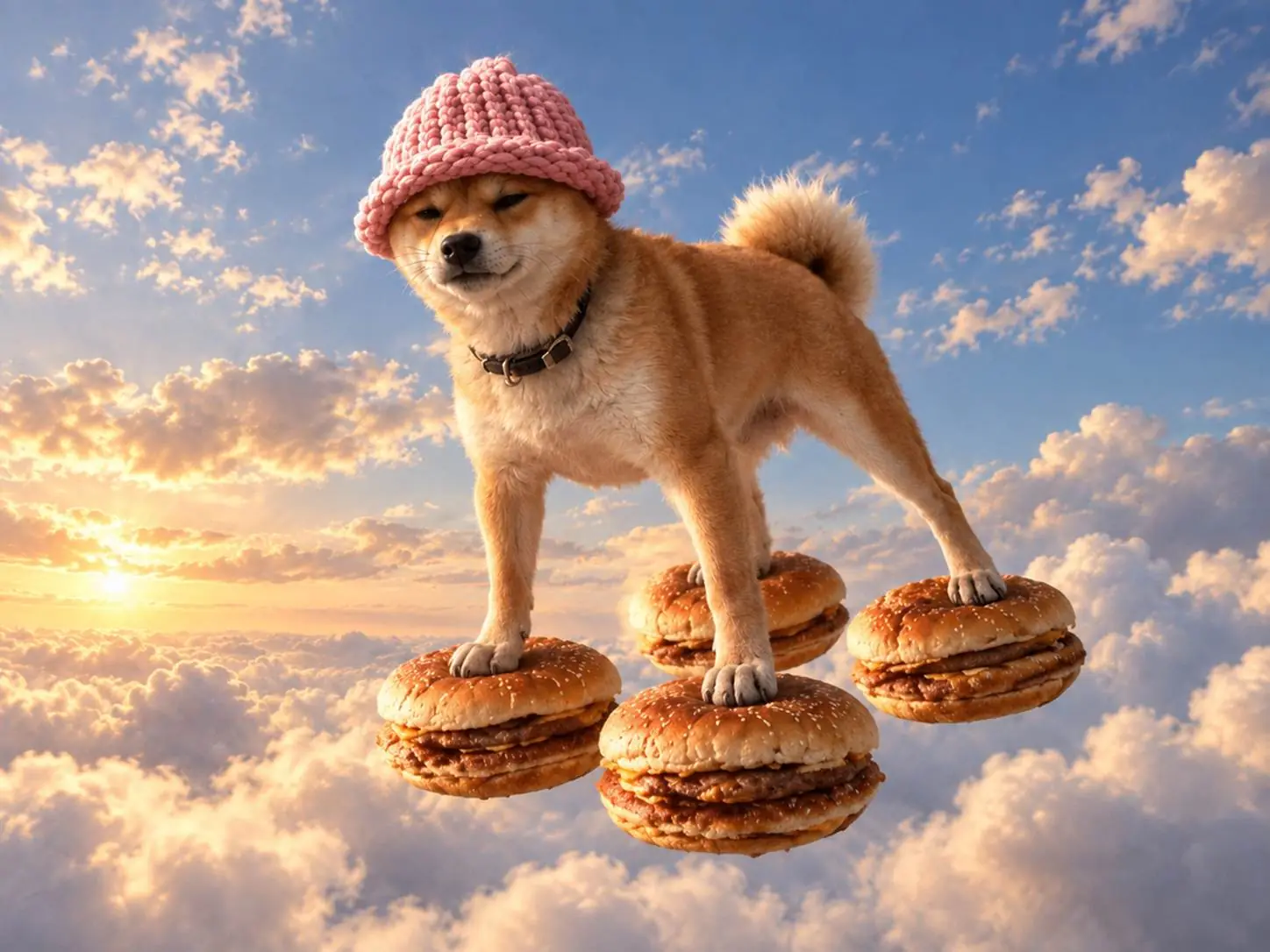DOGWIFBUNS Shiba standing on four floating buns in the clouds