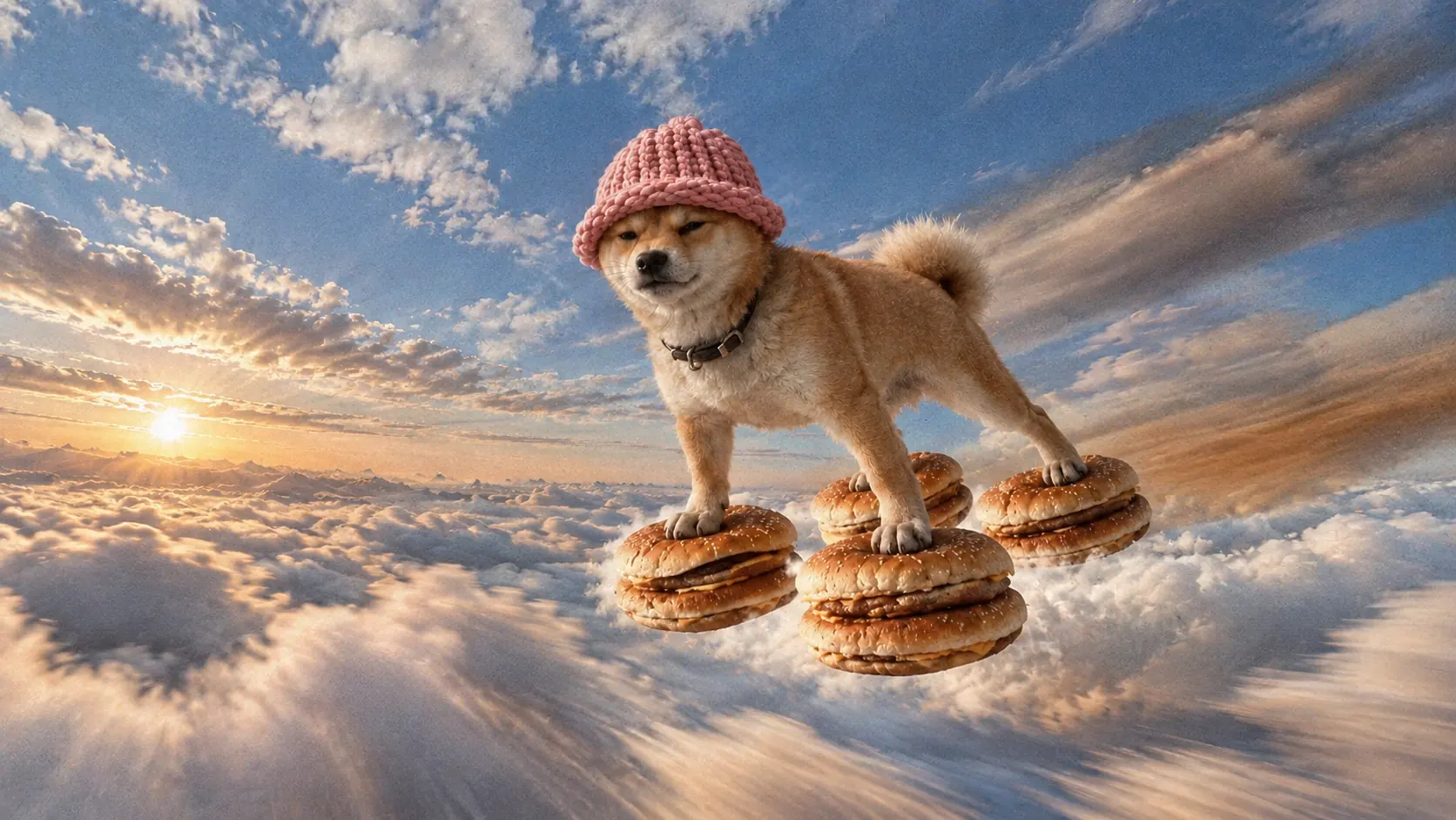 DOGWIFBUNS flying fast through clouds on bun platforms