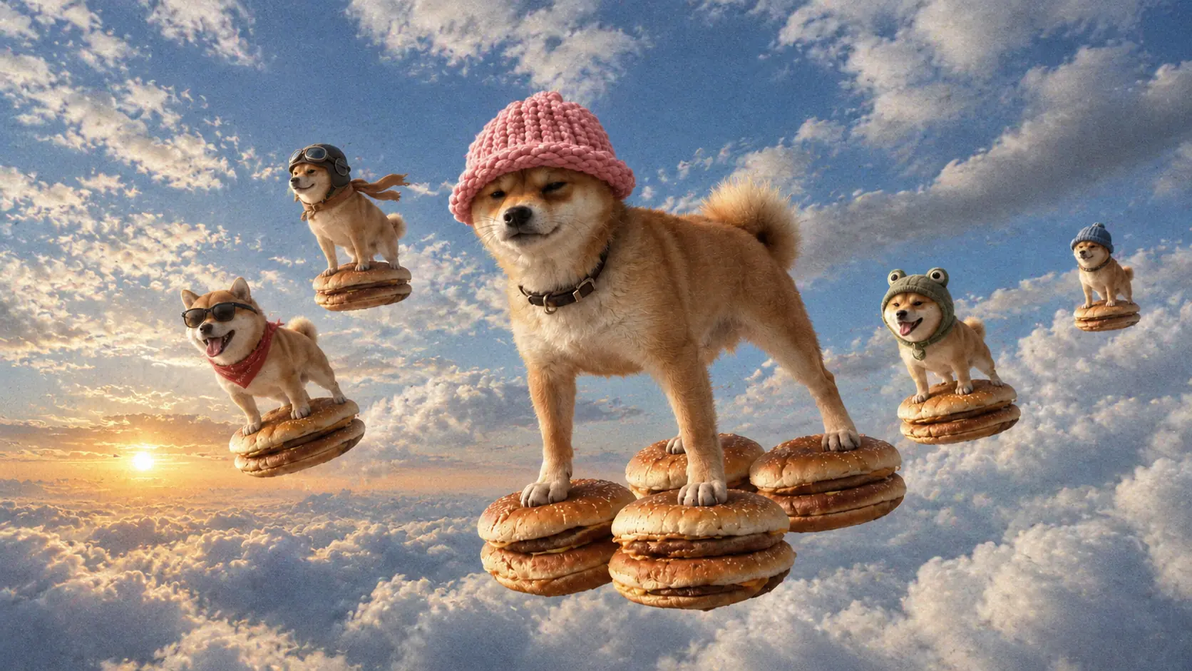 DOGWIFBUNS leading a ridiculous flying community of Shiba dogs on buns